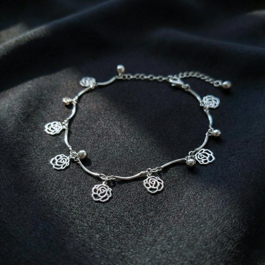 Silver Flower Charm Anklet with Beads jewellery product view 2
