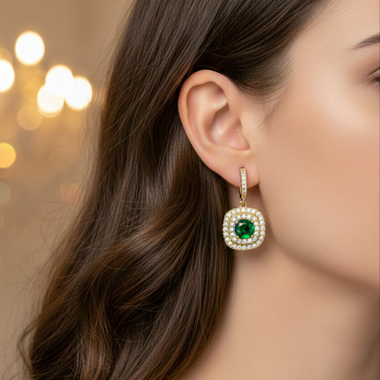 Classic Emerald Halo Gold Earrings jewellery product view 2