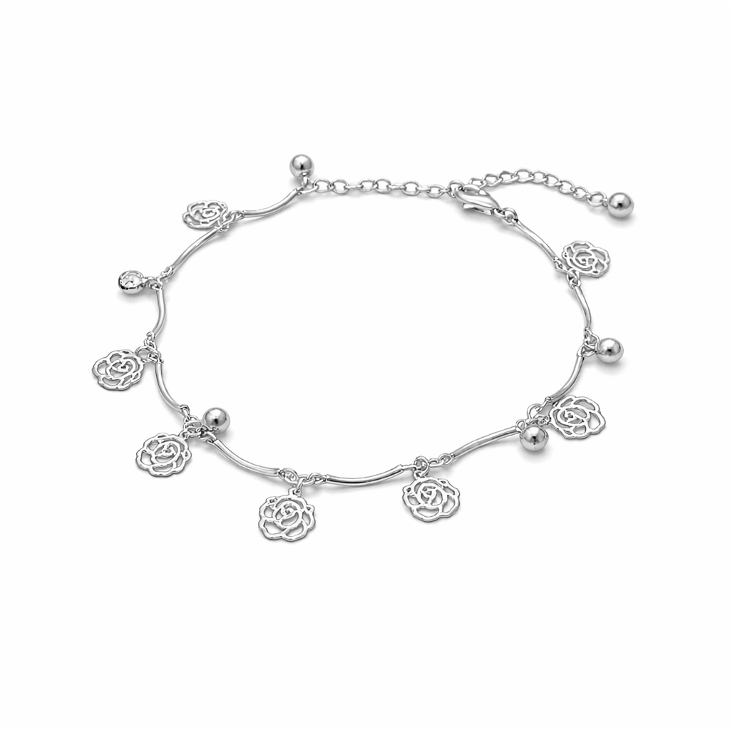 Silver Flower Charm Anklet with Beads jewellery product view 4