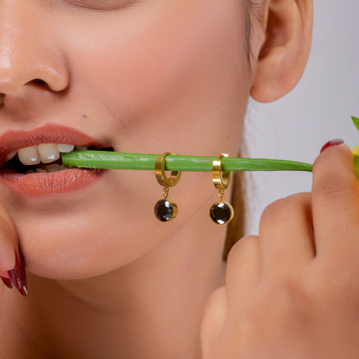 Designer Gold Hoop Black Stone Earrings jewellery product view 3