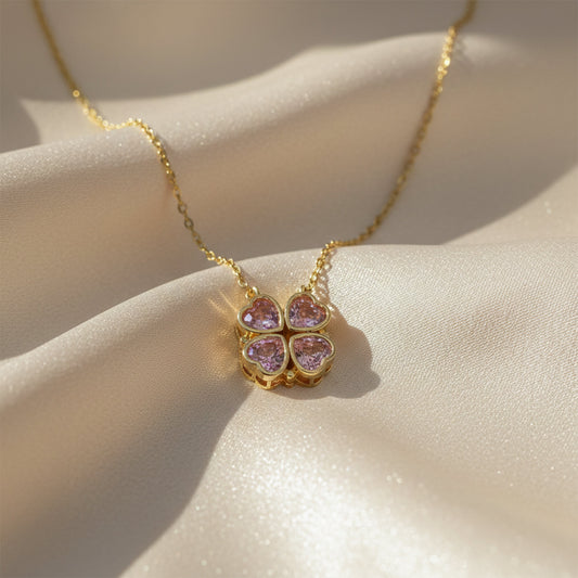Pink Heart Clover Gold Pendant Necklace jewellery product view 1