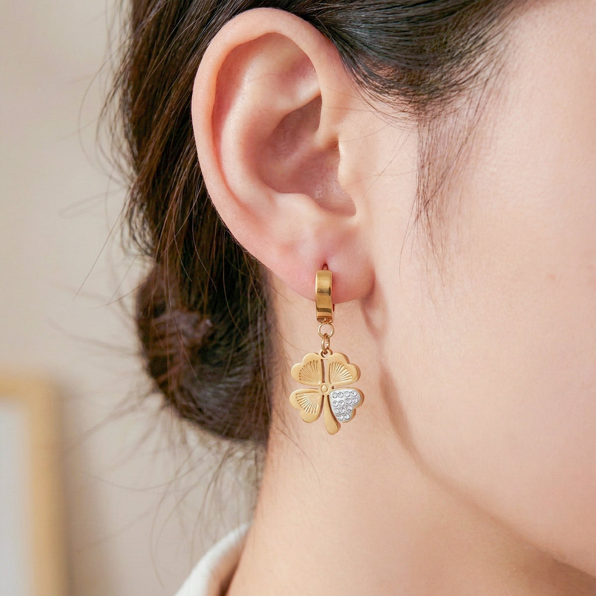 Luck Clover Gold Drop Earrings jewellery product view 2