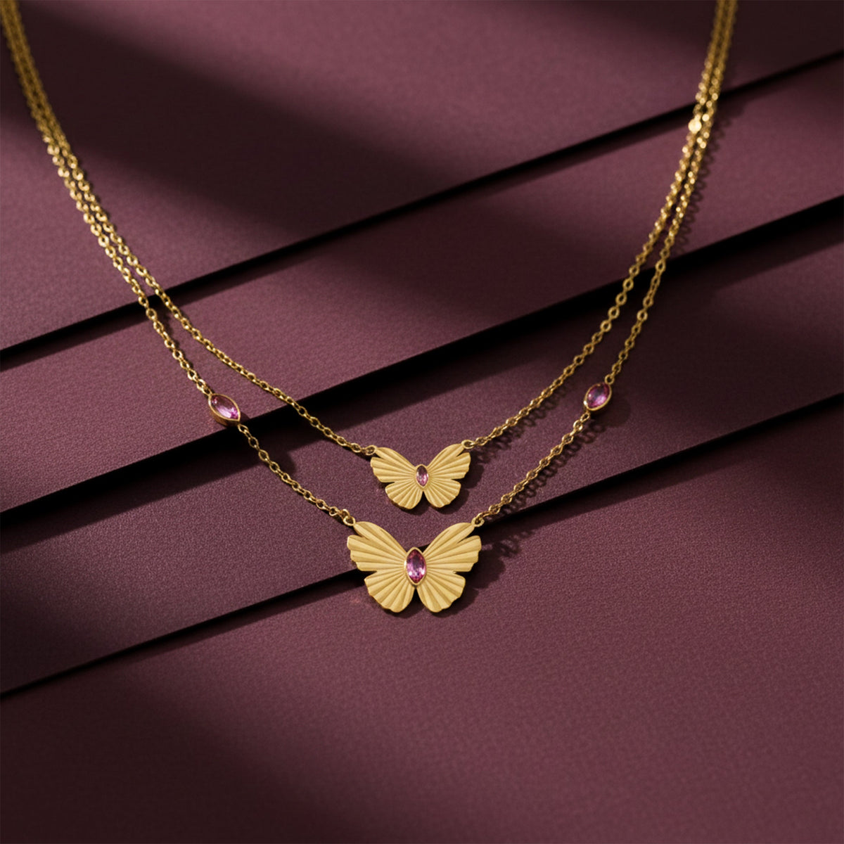 Luxe Pink Crystal Butterfly Necklace jewellery product view 1