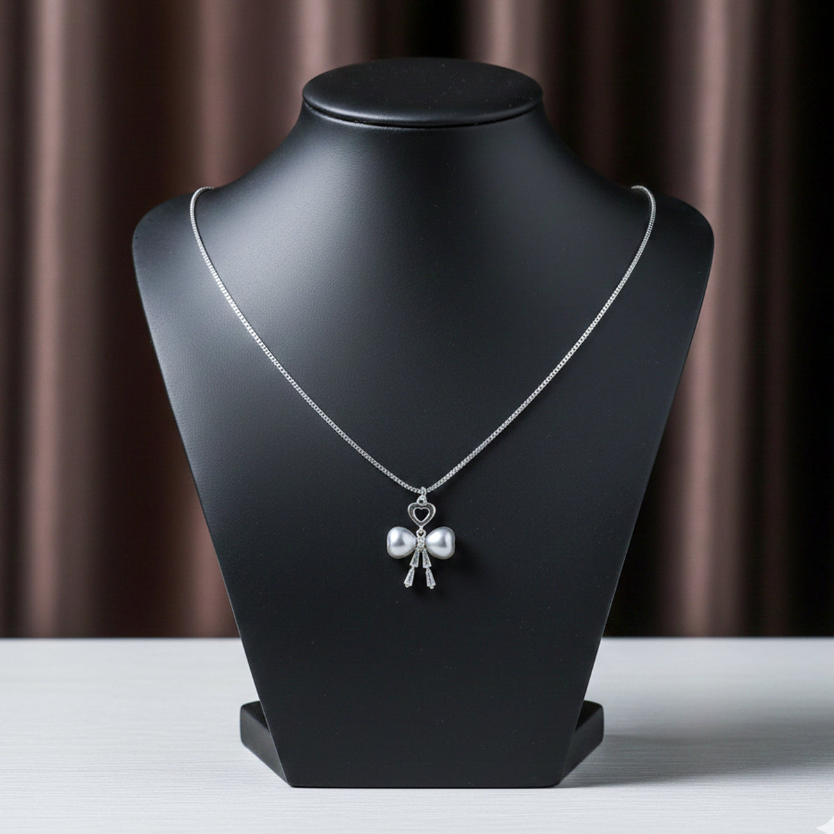 Elegant Silver Heart & Pearl Bow Necklace jewellery product view 4