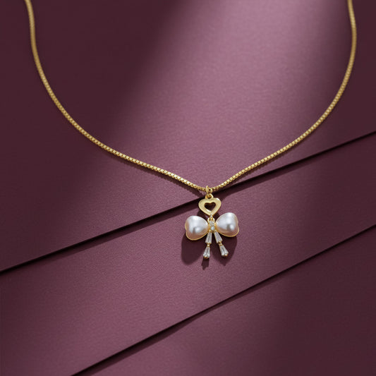 Elegant Gold Heart & Pearl Bow Necklace jewellery product view 1