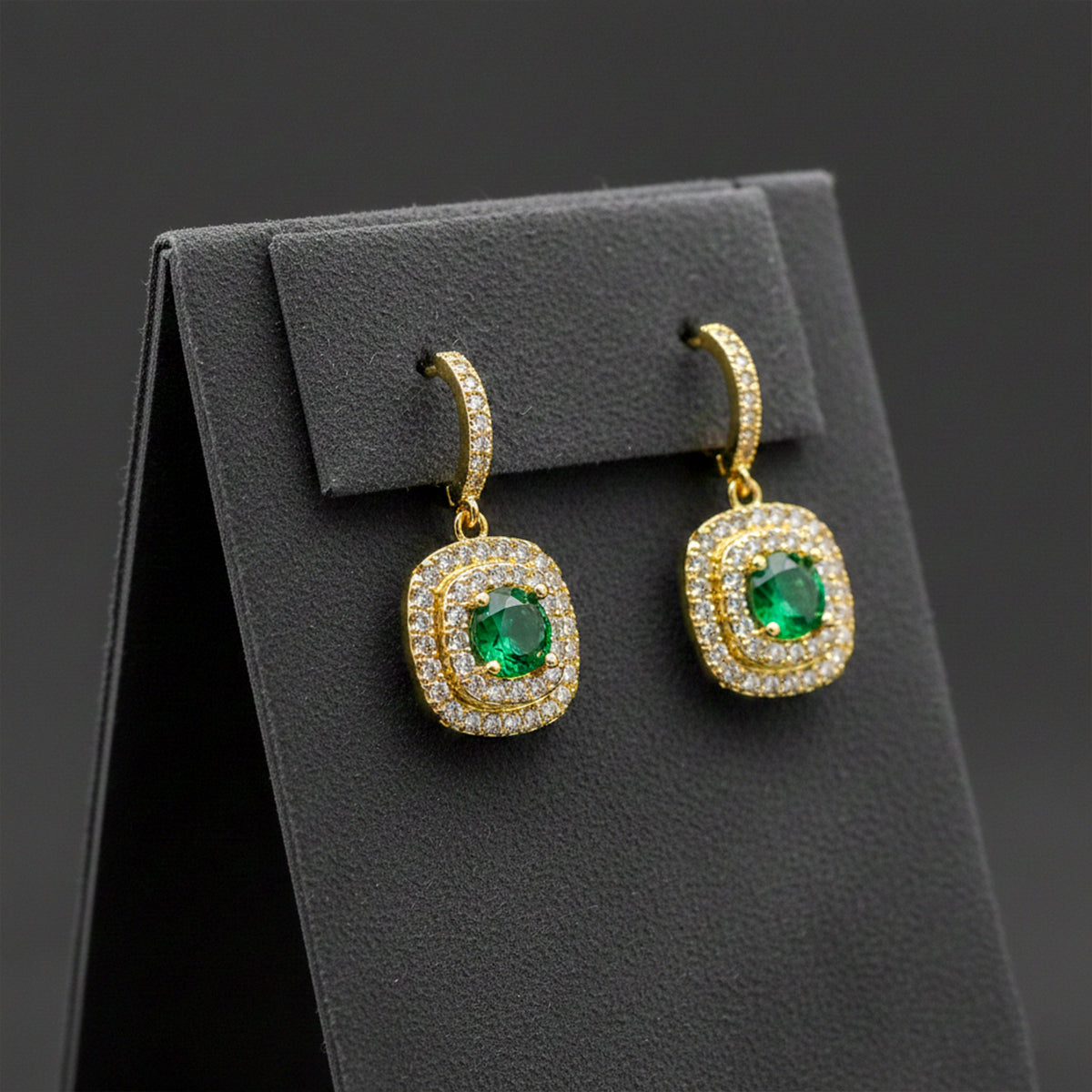 Classic Emerald Halo Gold Earrings jewellery product view 3