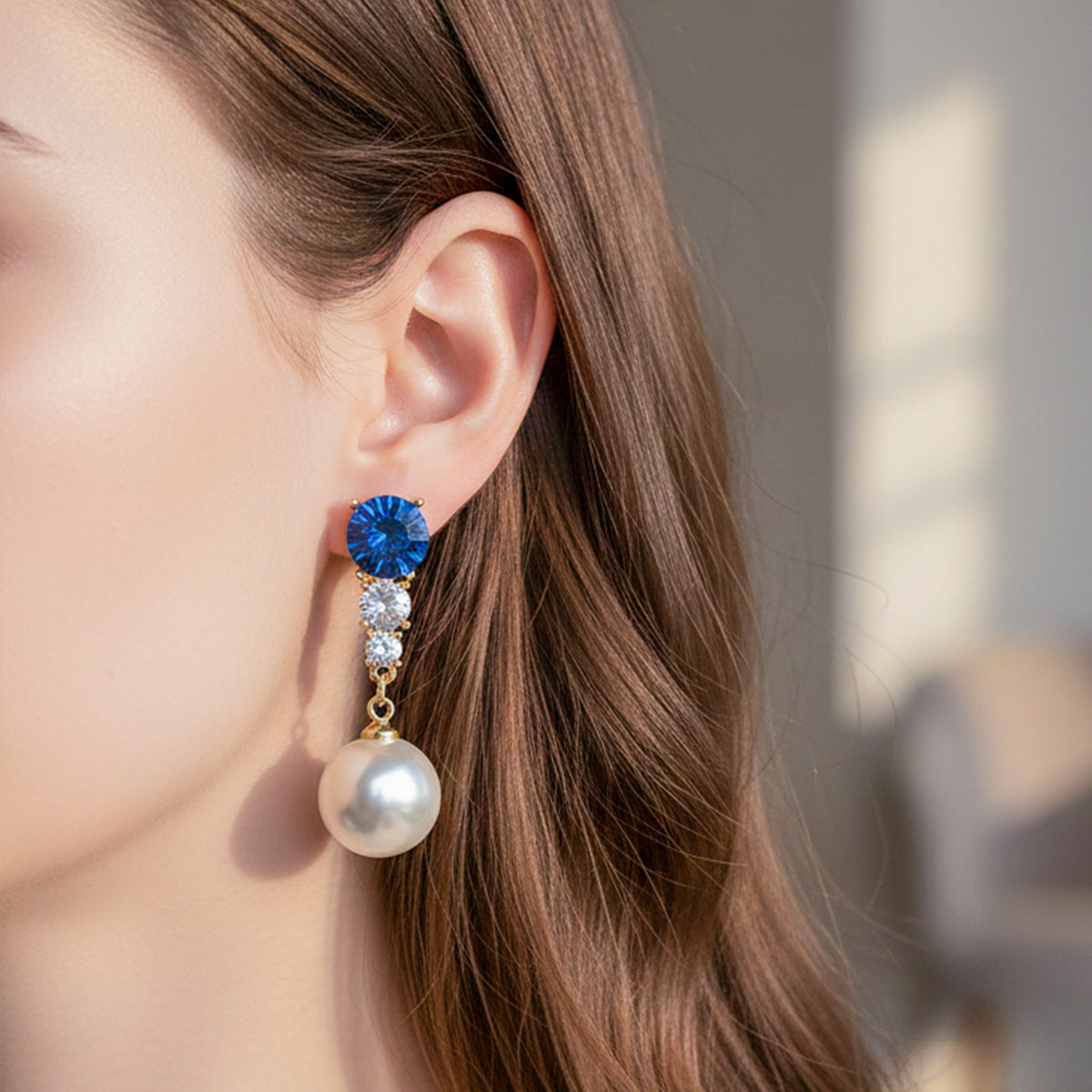 Blue Crystal Pearl Earrings jewellery product view 2