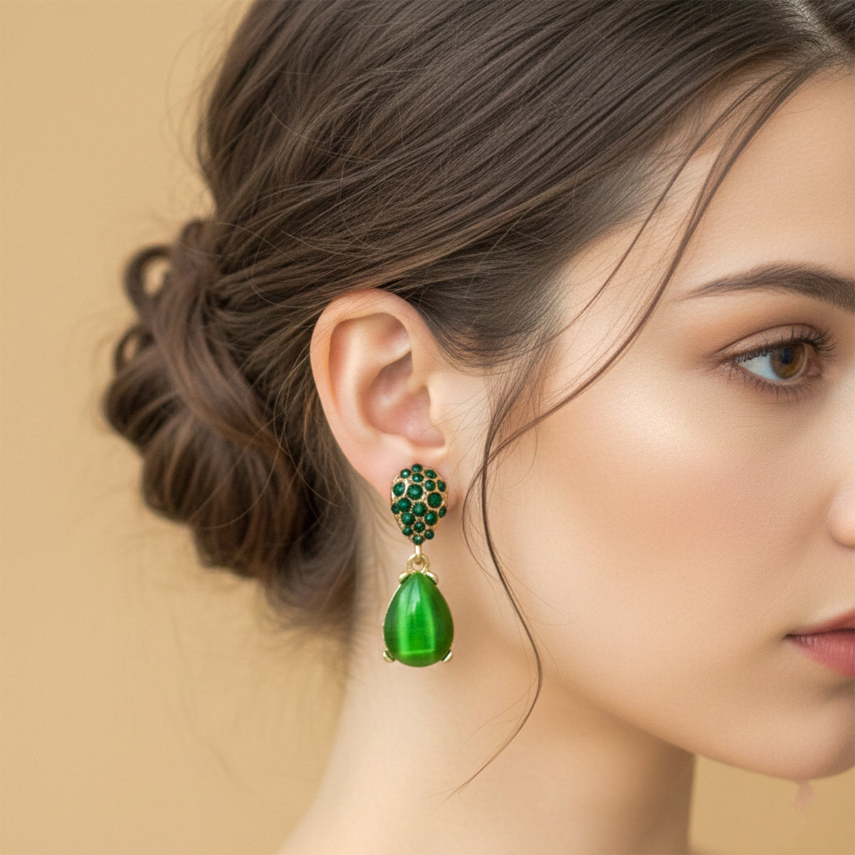 Green Cat Eye Drop Earrings jewellery product view 2