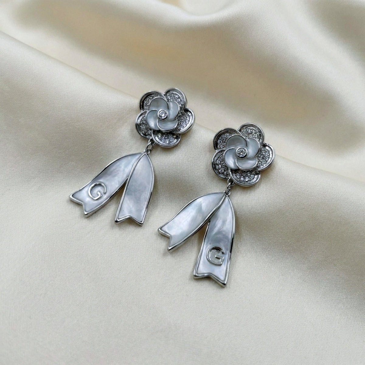 Camellia Flower Pearl Dangle Earrings jewellery product view 4