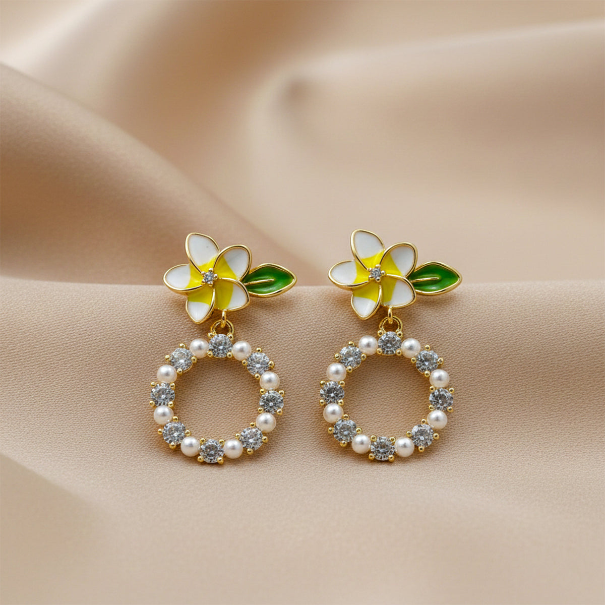 Golden Petal Pearl Circle Earrings jewellery product view 2