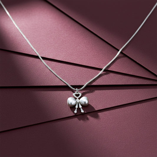 Elegant Silver Heart & Pearl Bow Necklace jewellery product view 2