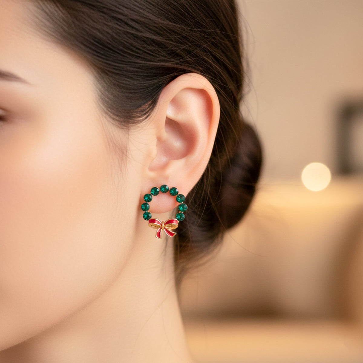 Elite Green Stone Bow Loop Earrings jewellery product view 2