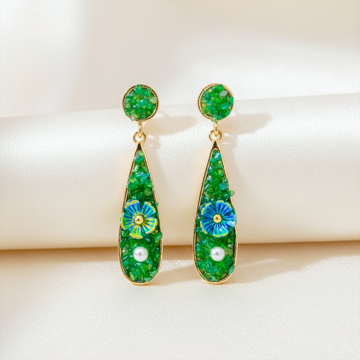 Elegant Green Floral Drop Earrings jewellery product view 1