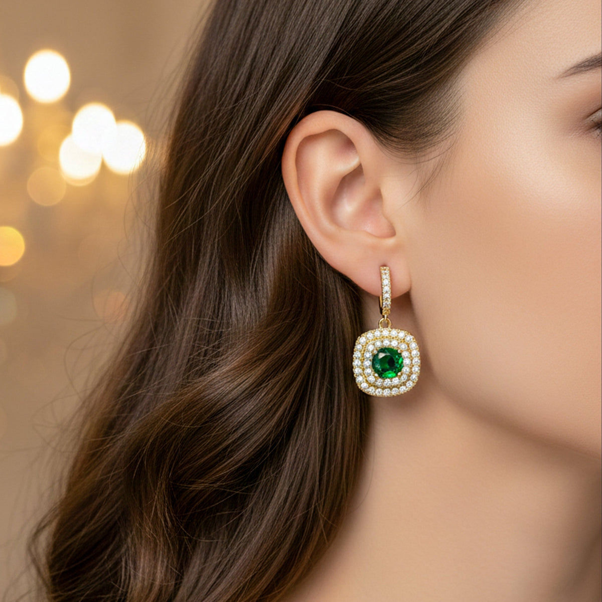 Classic Emerald Halo Gold Earrings jewellery product view 2