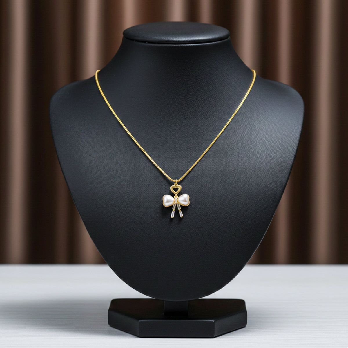 Elegant Gold Heart & Pearl Bow Necklace jewellery product view 4
