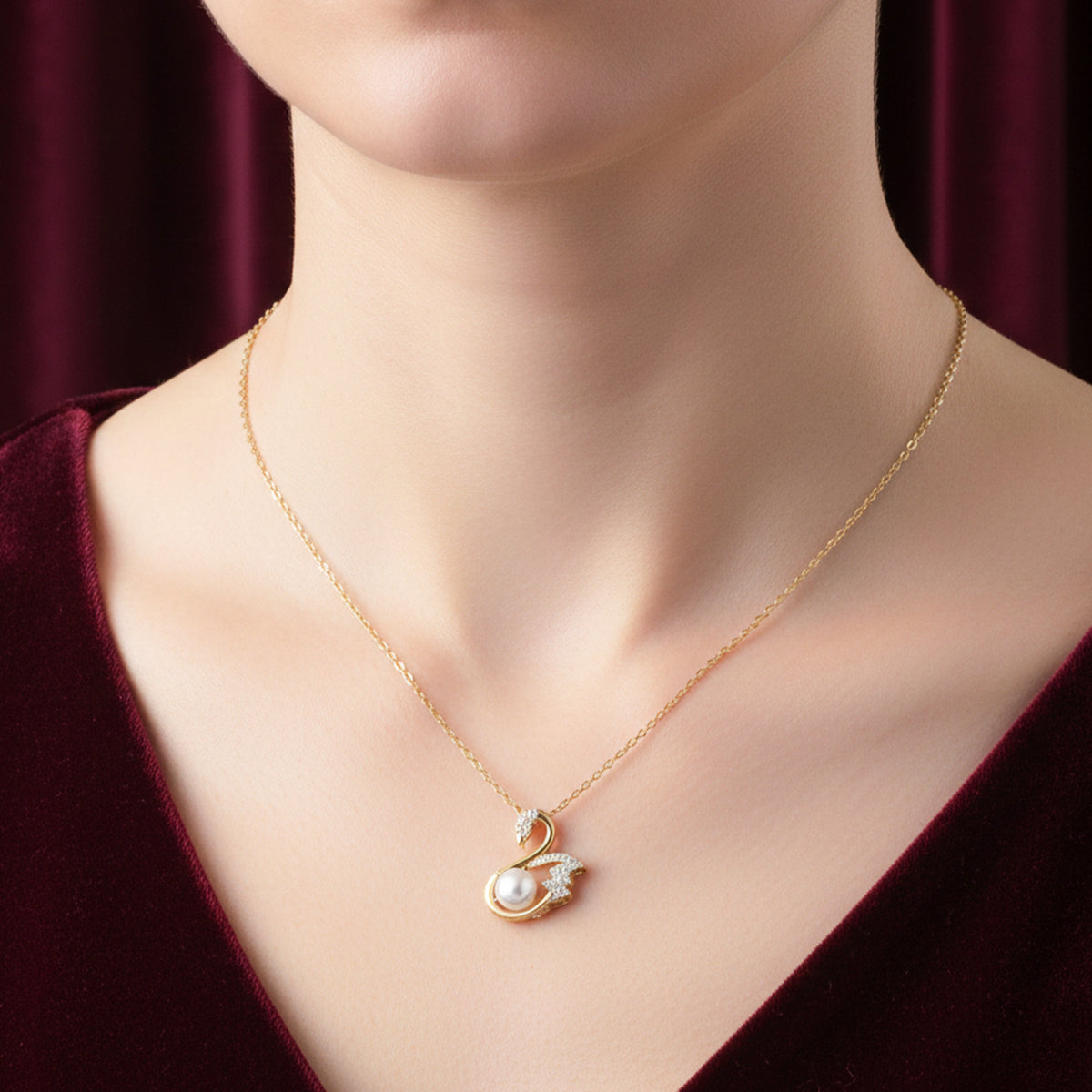 Elegant Swan Pearl Gold Pendant Necklace jewellery product view 3
