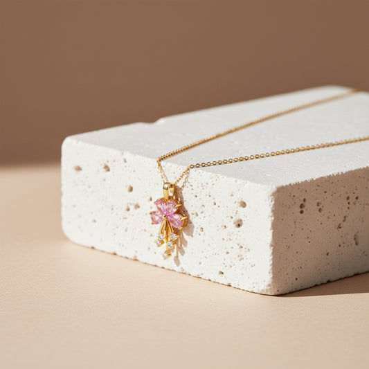 Dainty Pink Flower Gold Necklace jewellery product view 2
