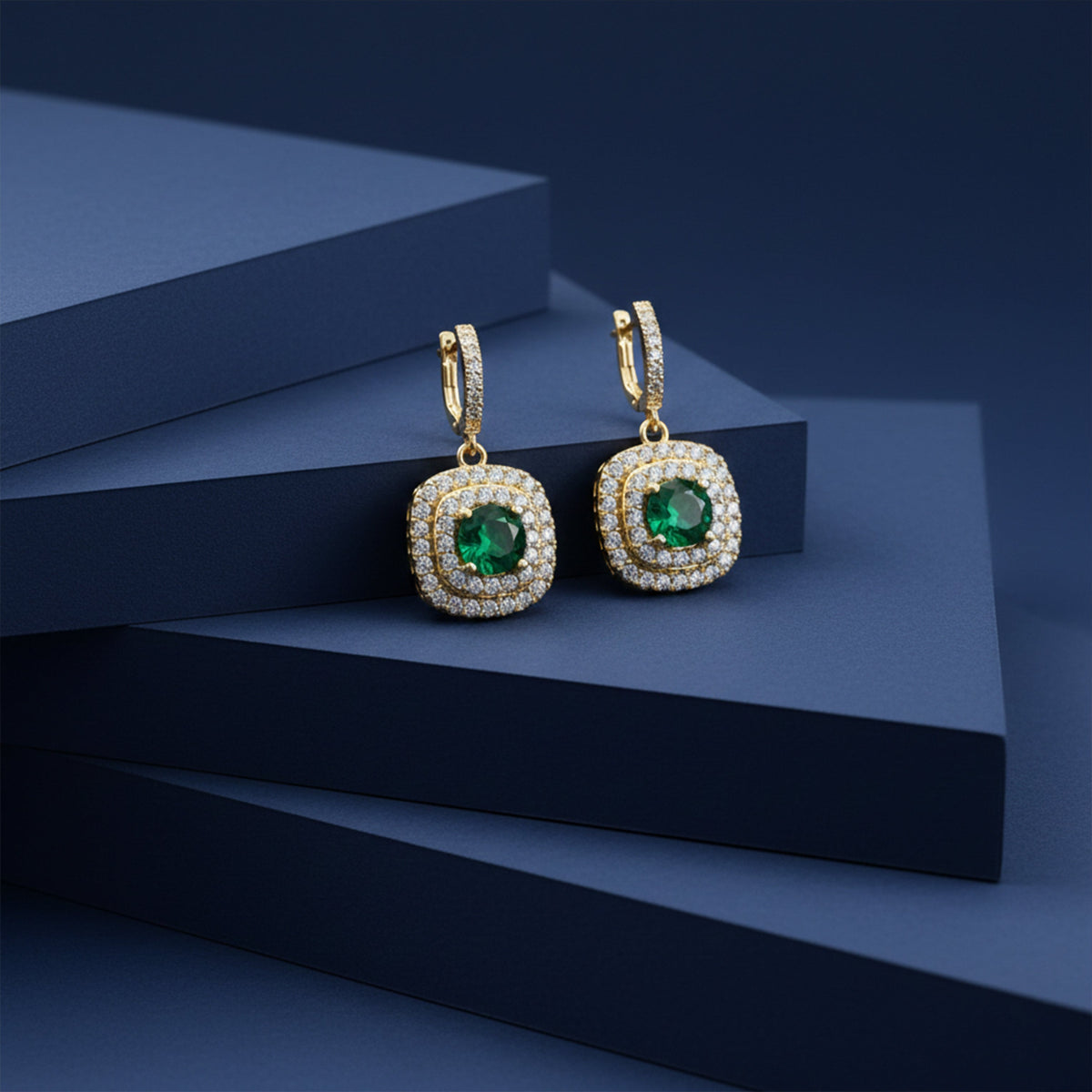 Classic Emerald Halo Gold Earrings jewellery product view 5