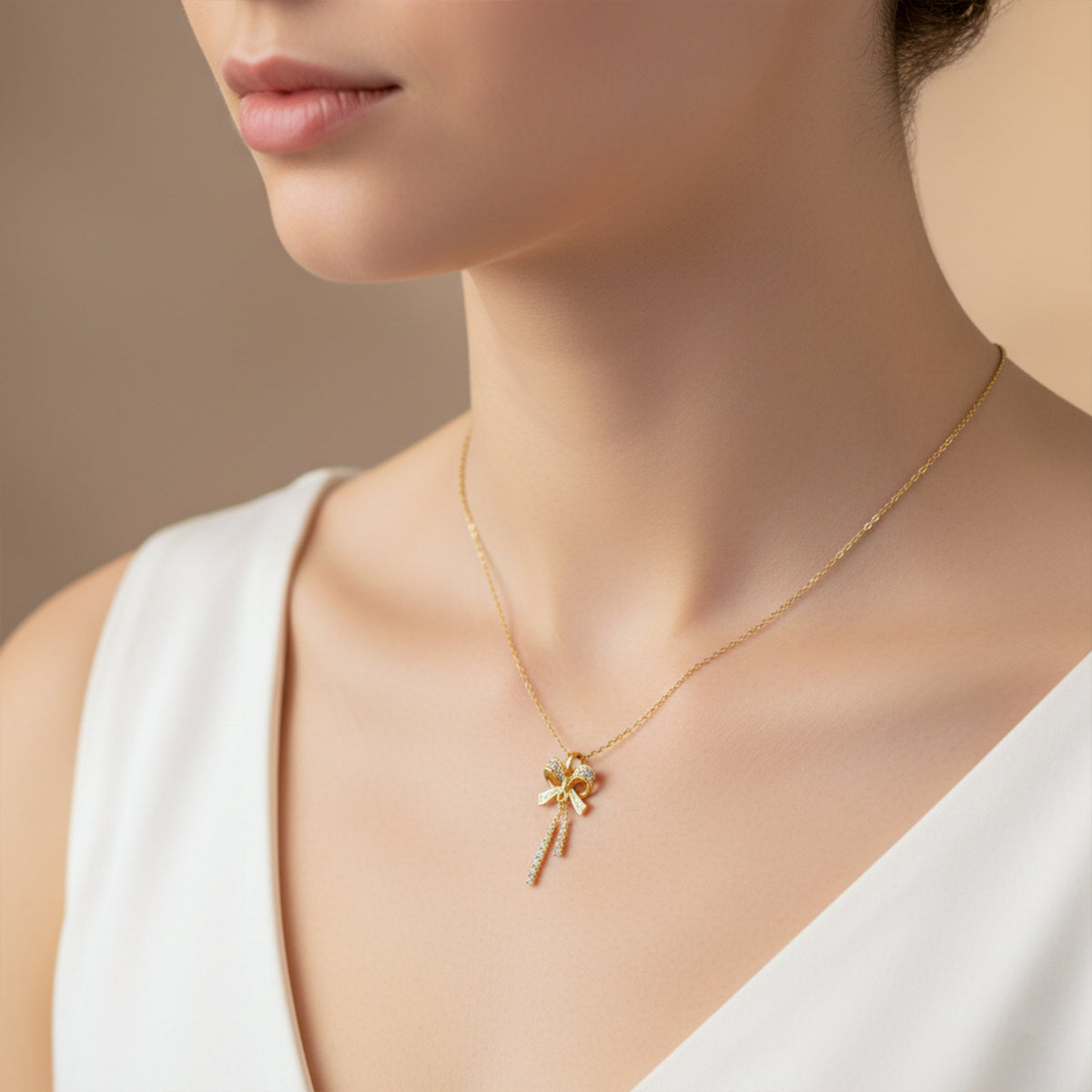 Elegant Gold Bow Pendant Necklace jewellery product view 3