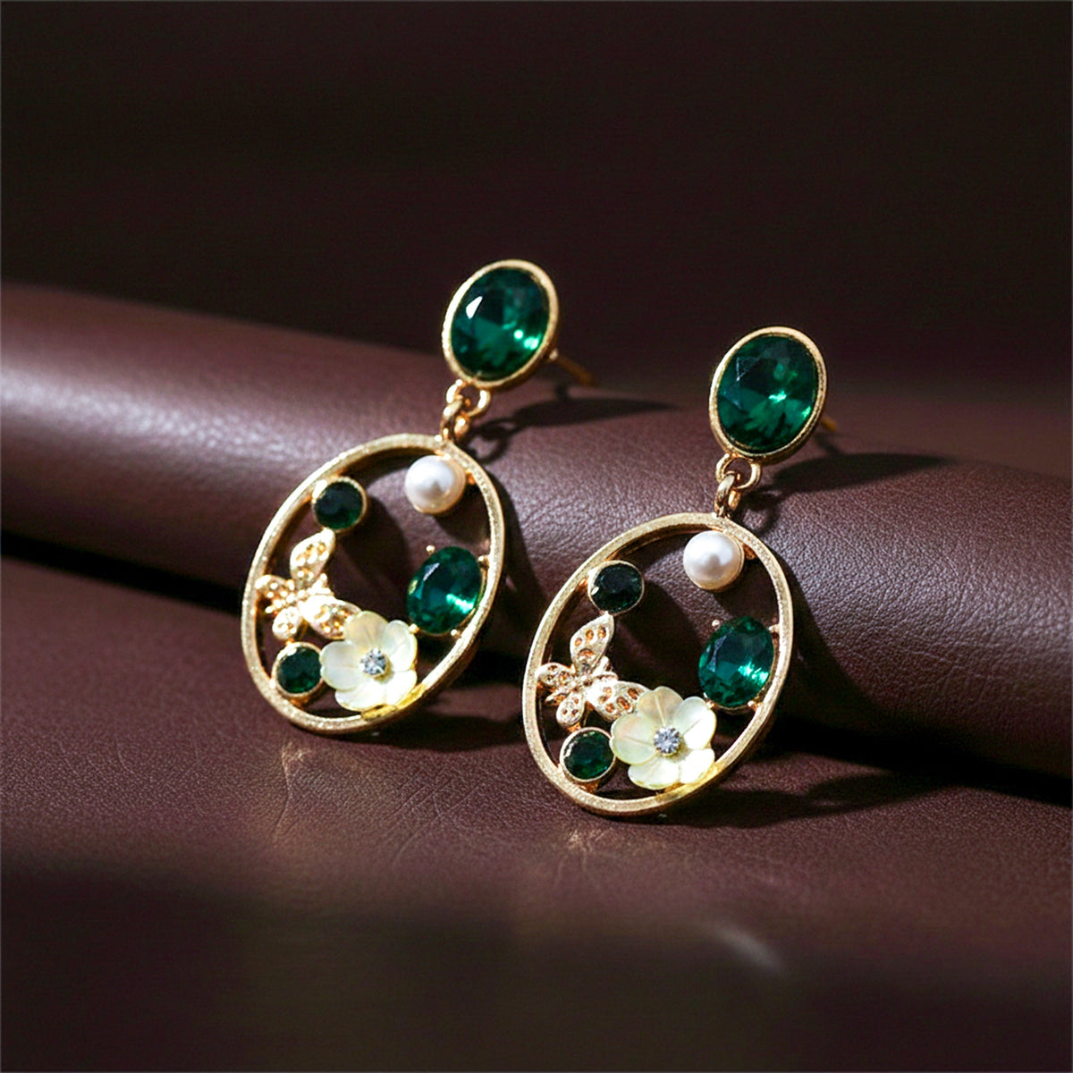 Royal Green Floral Earrings jewellery product view 2
