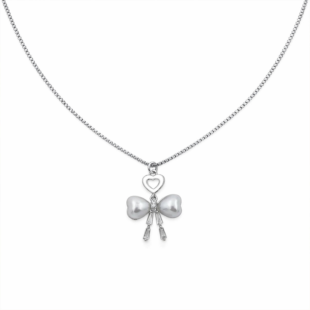 Elegant Silver Heart & Pearl Bow Necklace jewellery product view 7