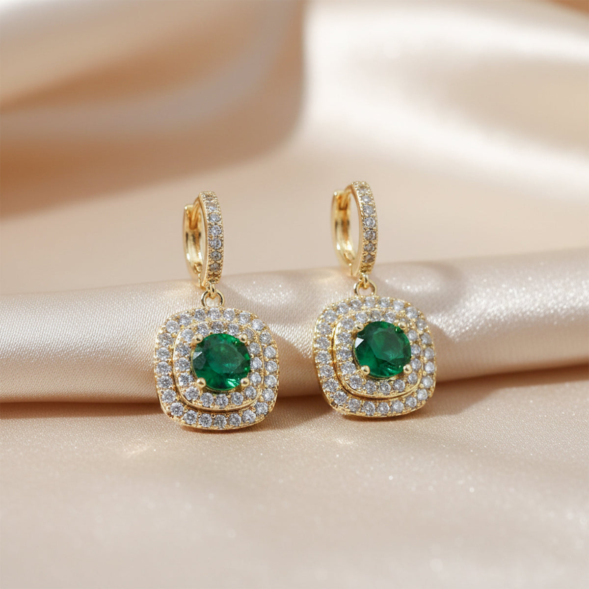 Classic Emerald Halo Gold Earrings jewellery product view 1