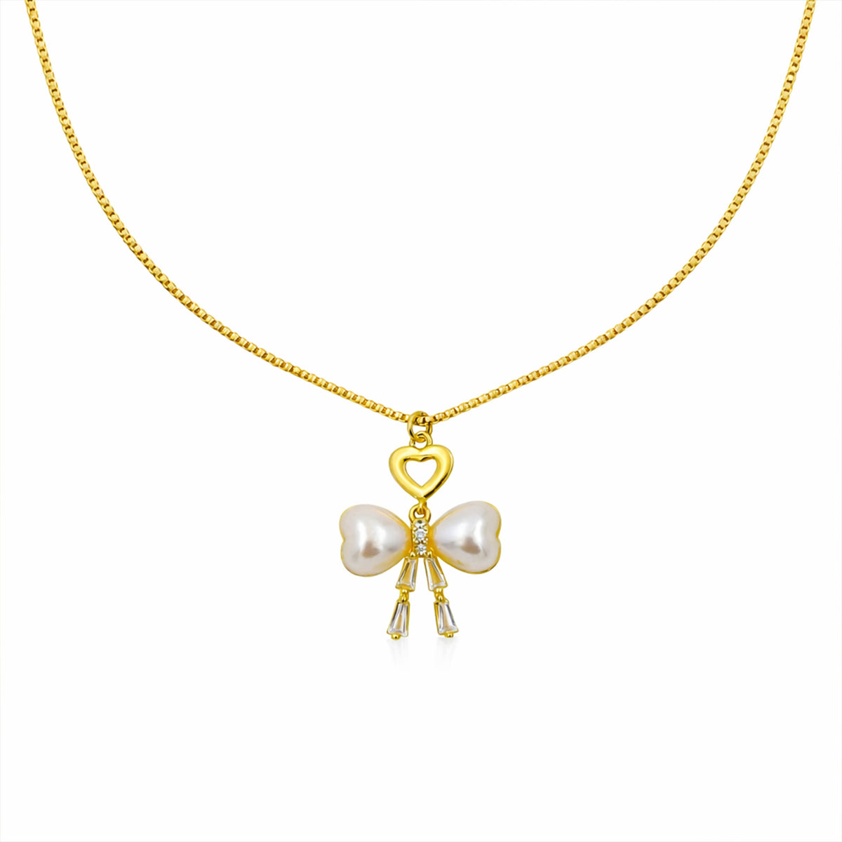 Elegant Gold Heart & Pearl Bow Necklace jewellery product view 6