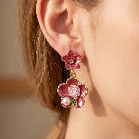 Rose Charm Pearl Drops Earrings jewellery product view 2