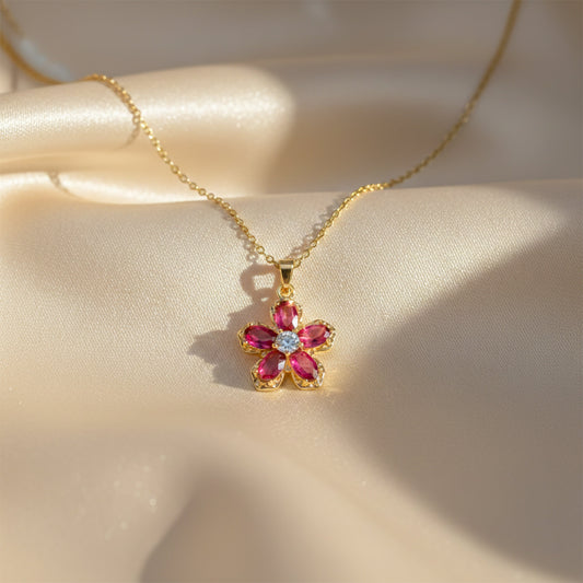 Pink Ruby Flower Pendant Necklace jewellery product view 1