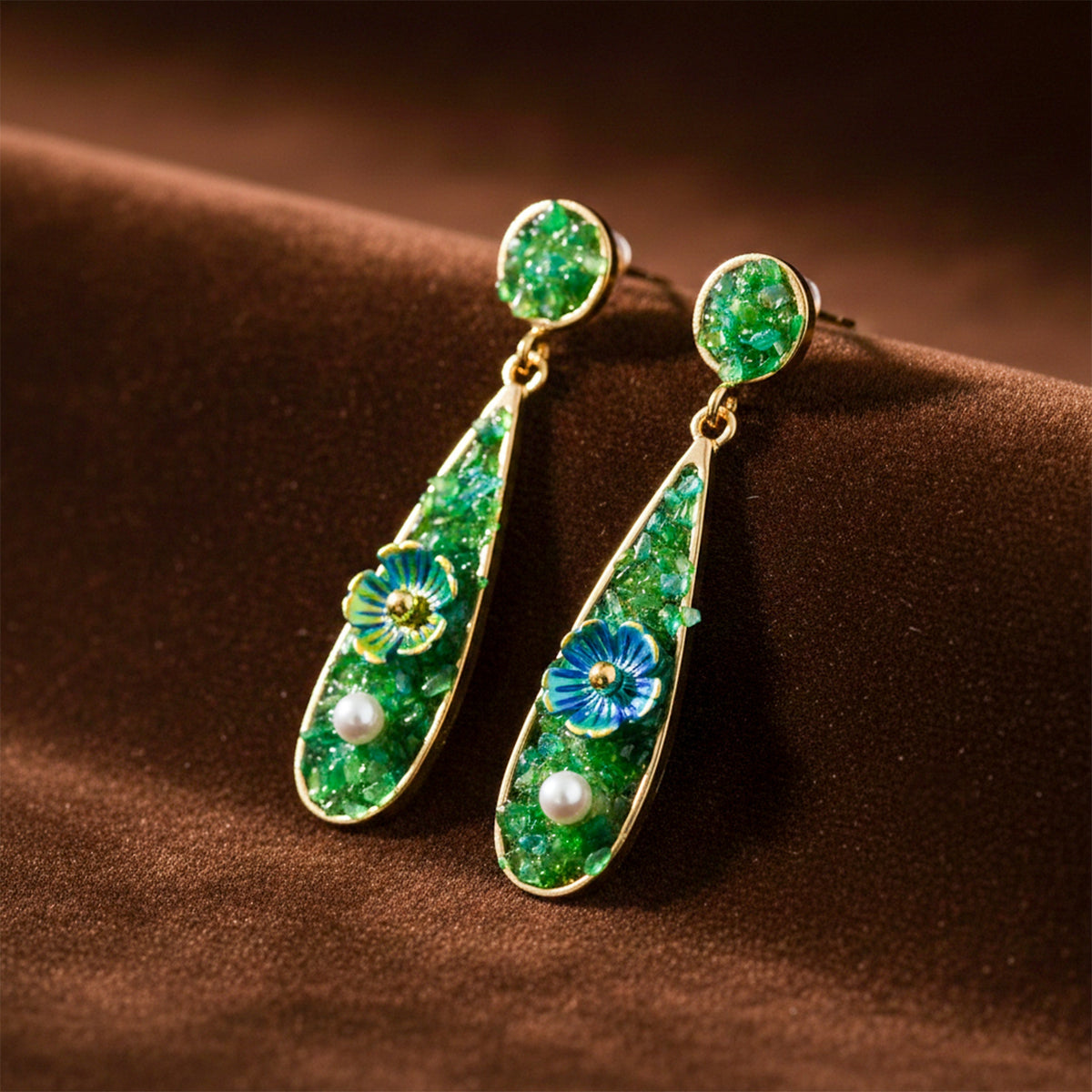 Elegant Green Floral Drop Earrings jewellery product view 4