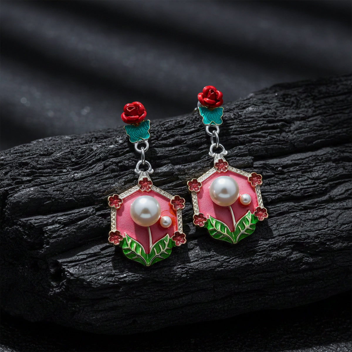 Rose Pearl Hexa Drops Earrings jewellery product view 2
