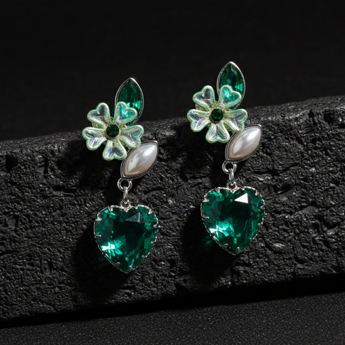 Green Luxe Floral Heart Earrings jewellery product view 4
