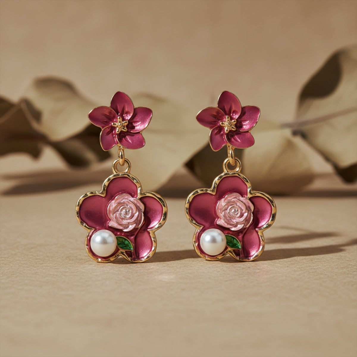 Rose Charm Pearl Drops Earrings jewellery product view 4
