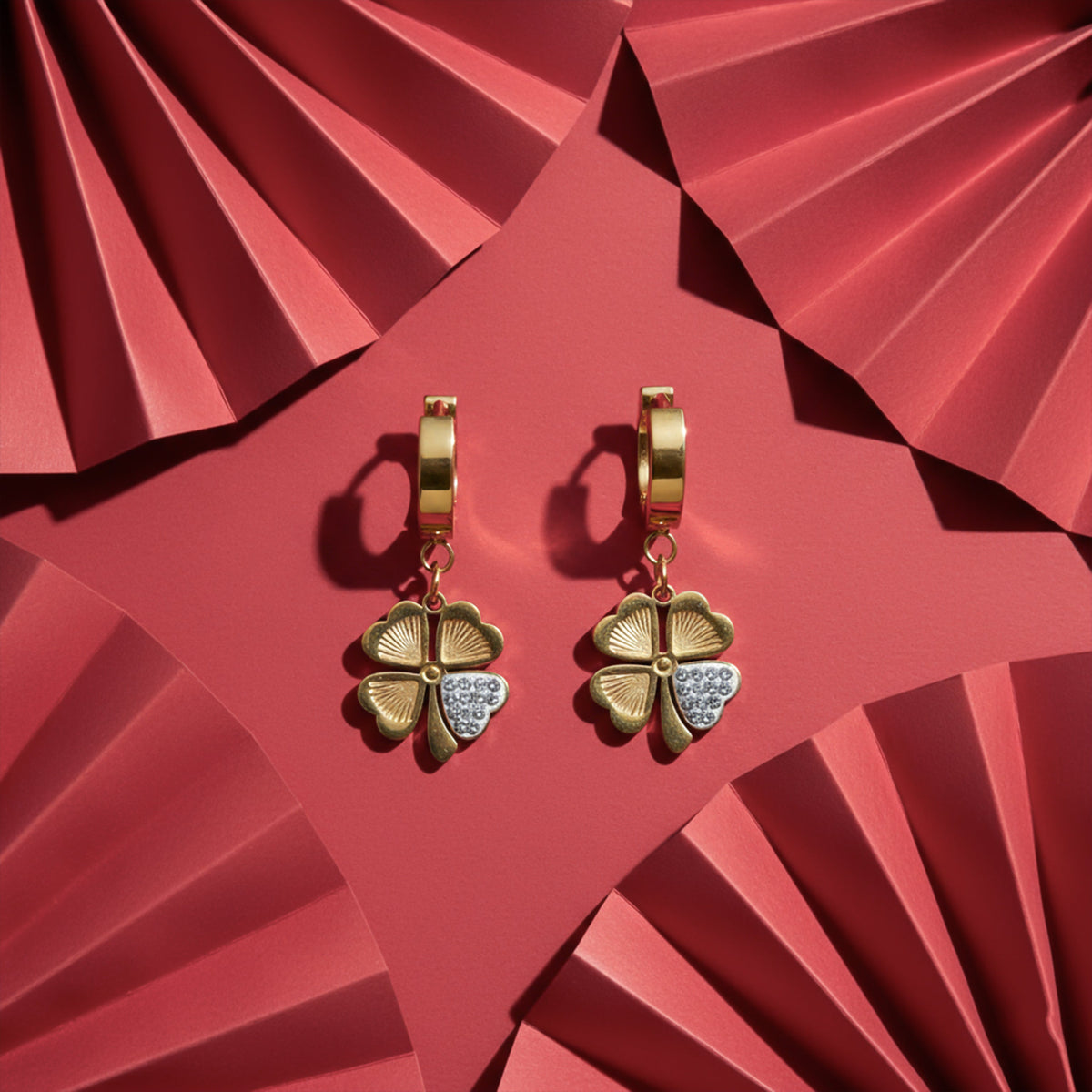 Luck Clover Gold Drop Earrings jewellery product view 1