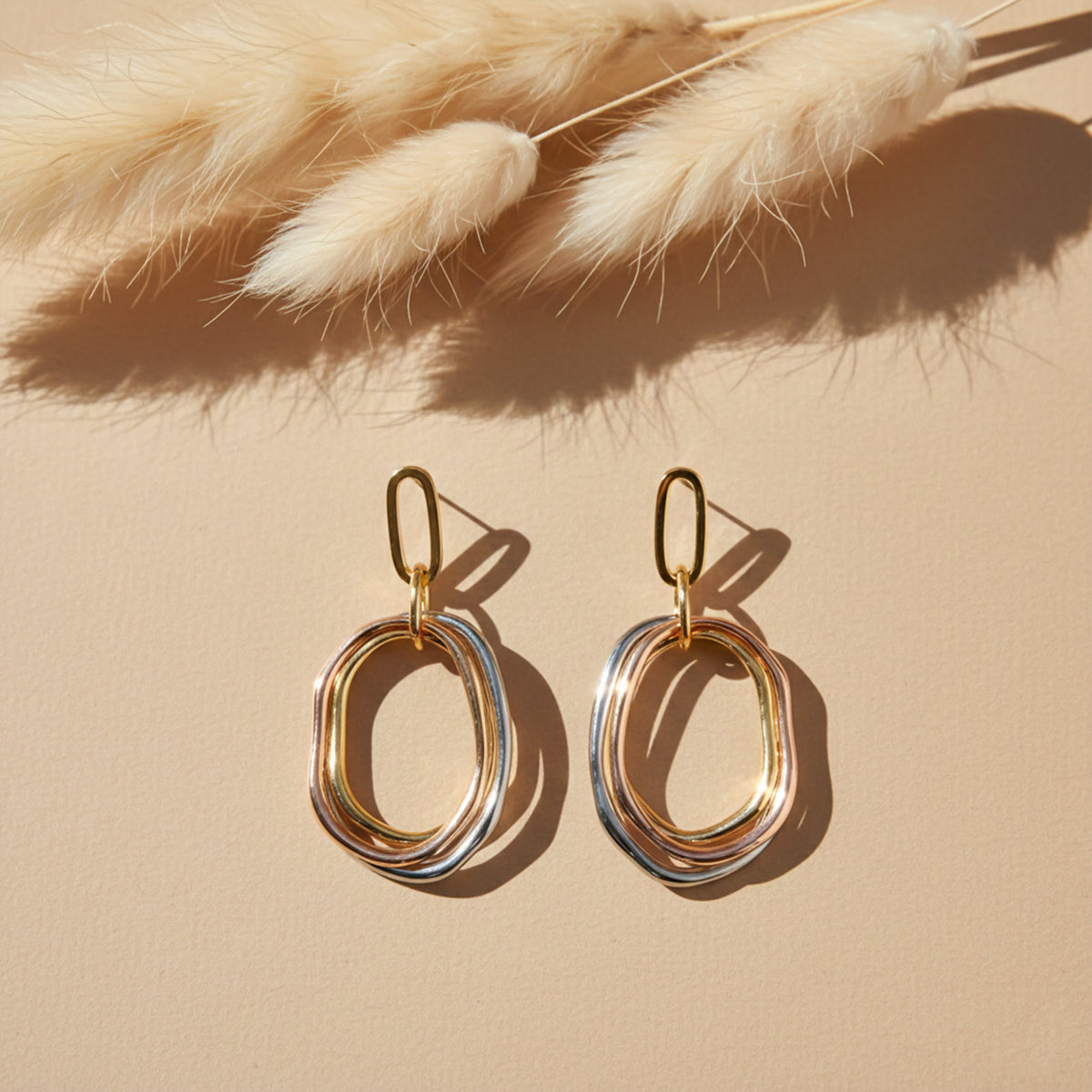 Tri-Tone Layered Oval Statement Earrings jewellery product view 3