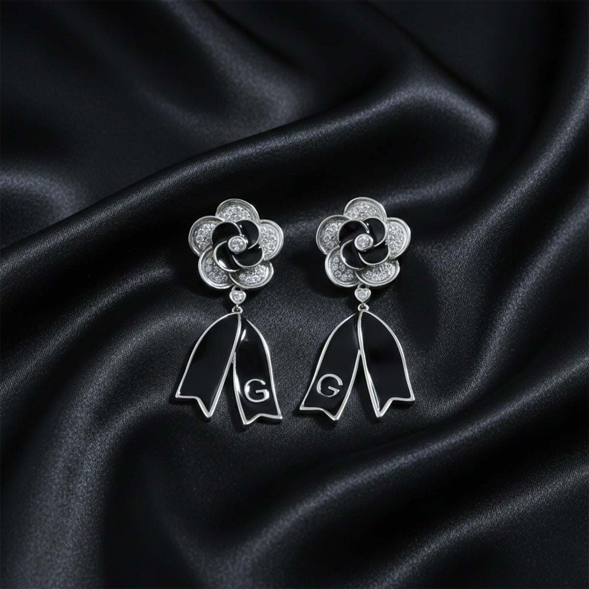 Black Enamel Blossom Drop Earrings jewellery product view 4