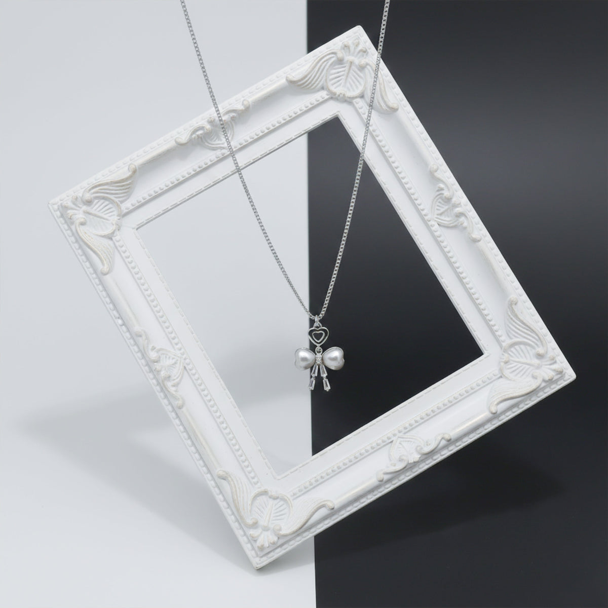 Elegant Silver Heart & Pearl Bow Necklace jewellery product view 5