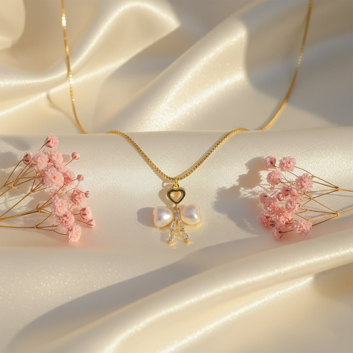 Elegant Gold Heart & Pearl Bow Necklace jewellery product view 5