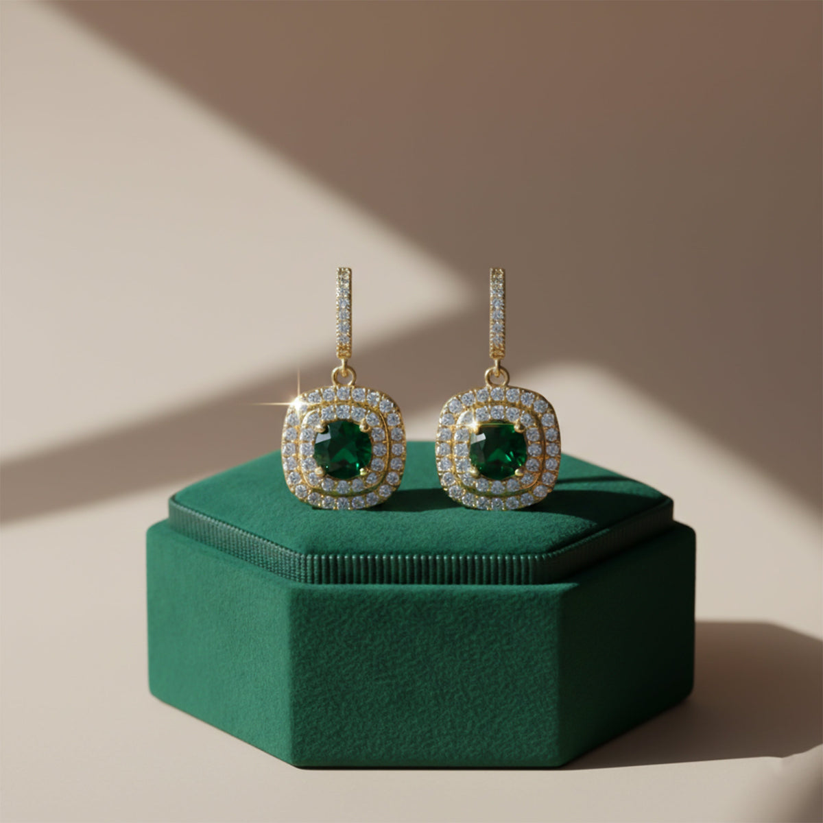 Classic Emerald Halo Gold Earrings jewellery product view 4