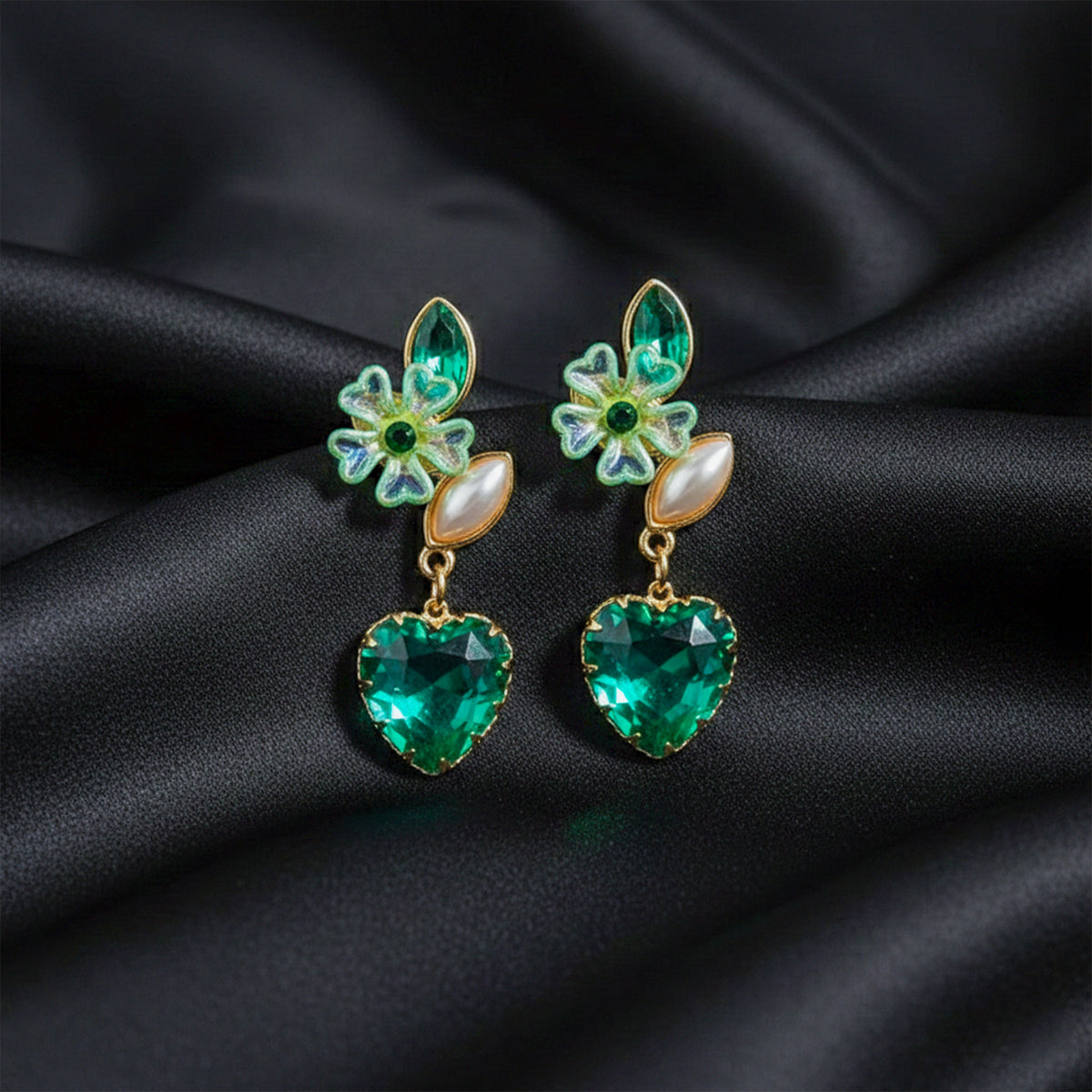 Green Luxe Floral Heart Earrings jewellery product view 1