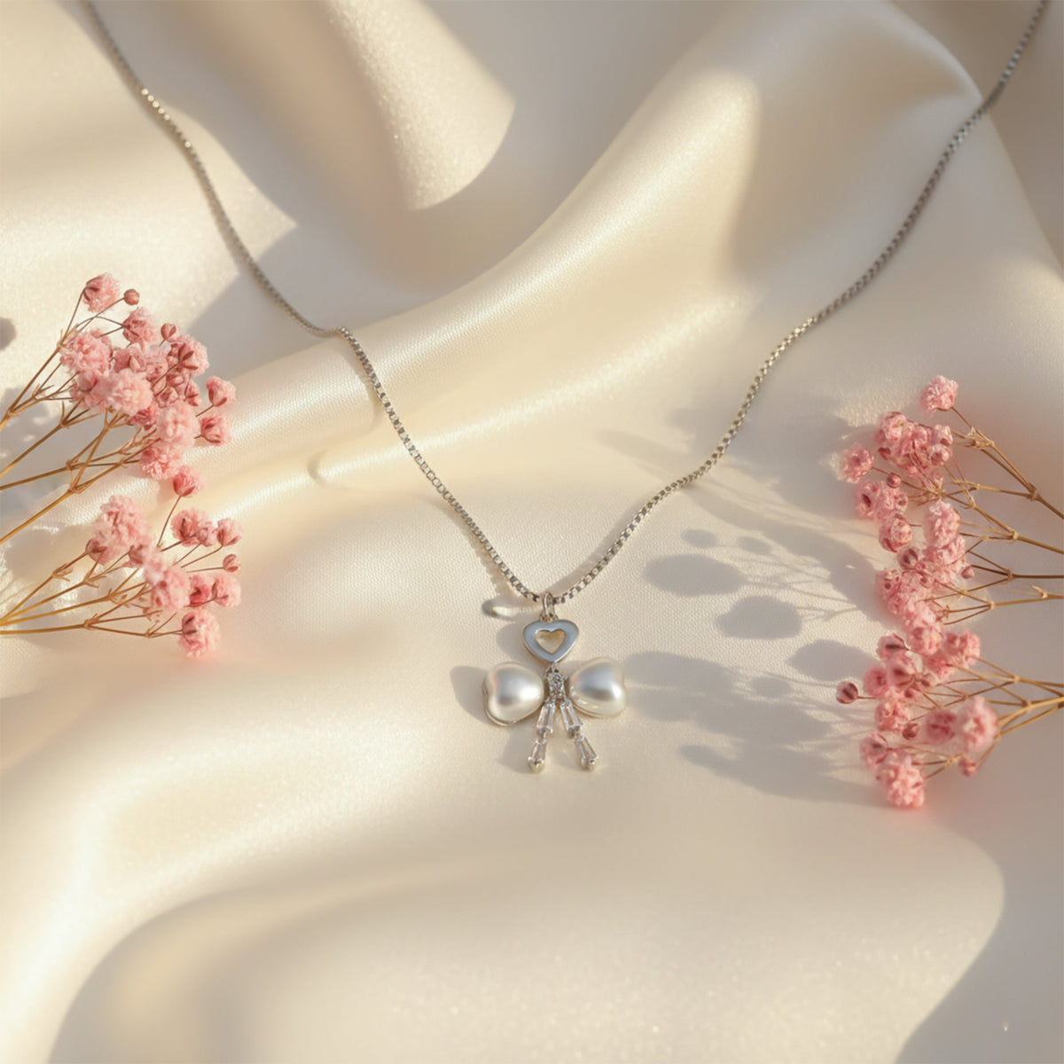Elegant Silver Heart & Pearl Bow Necklace jewellery product view 6