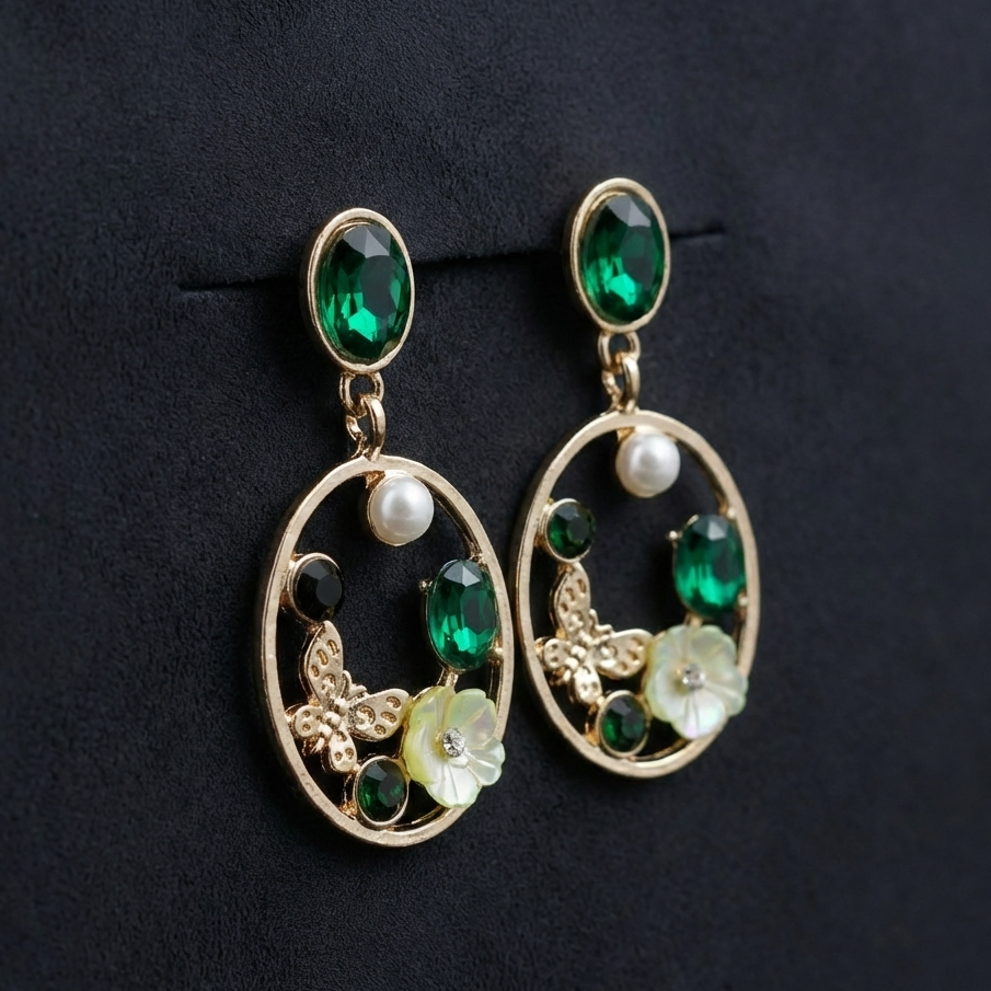 Royal Green Floral Earrings jewellery product view 3