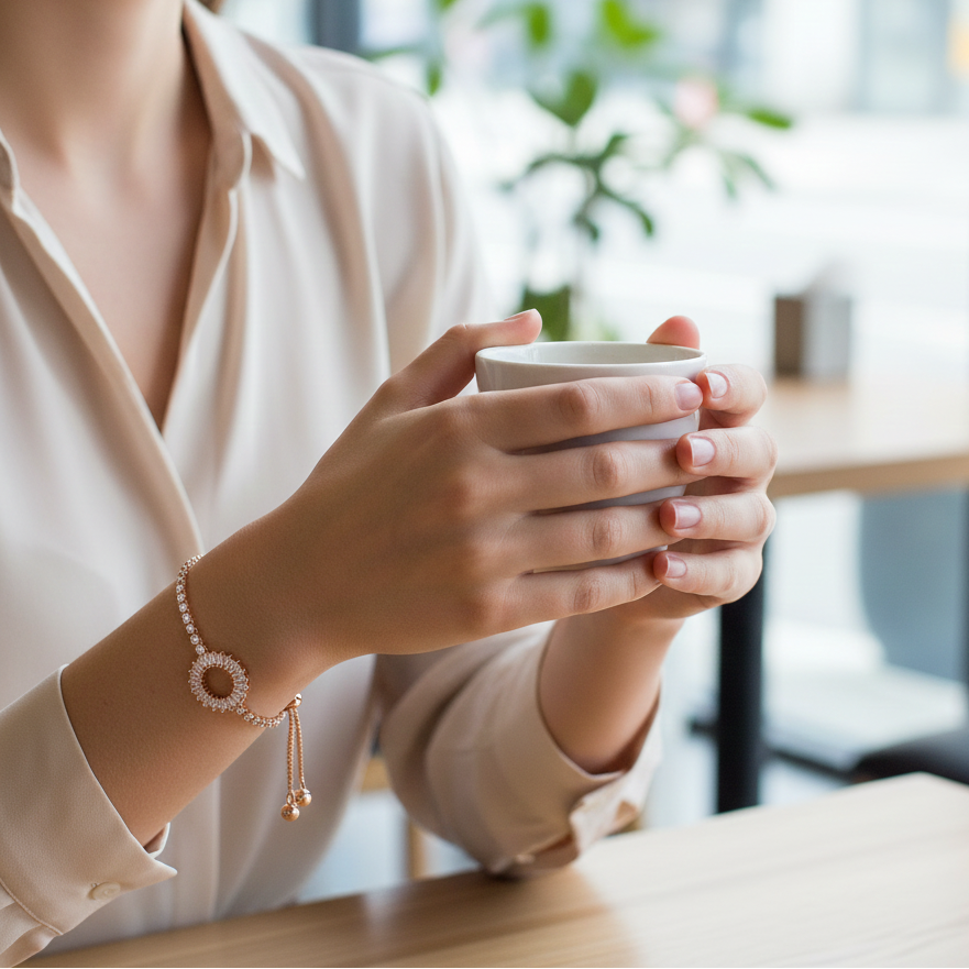 Person holding a white mug in a blurred indoor setting