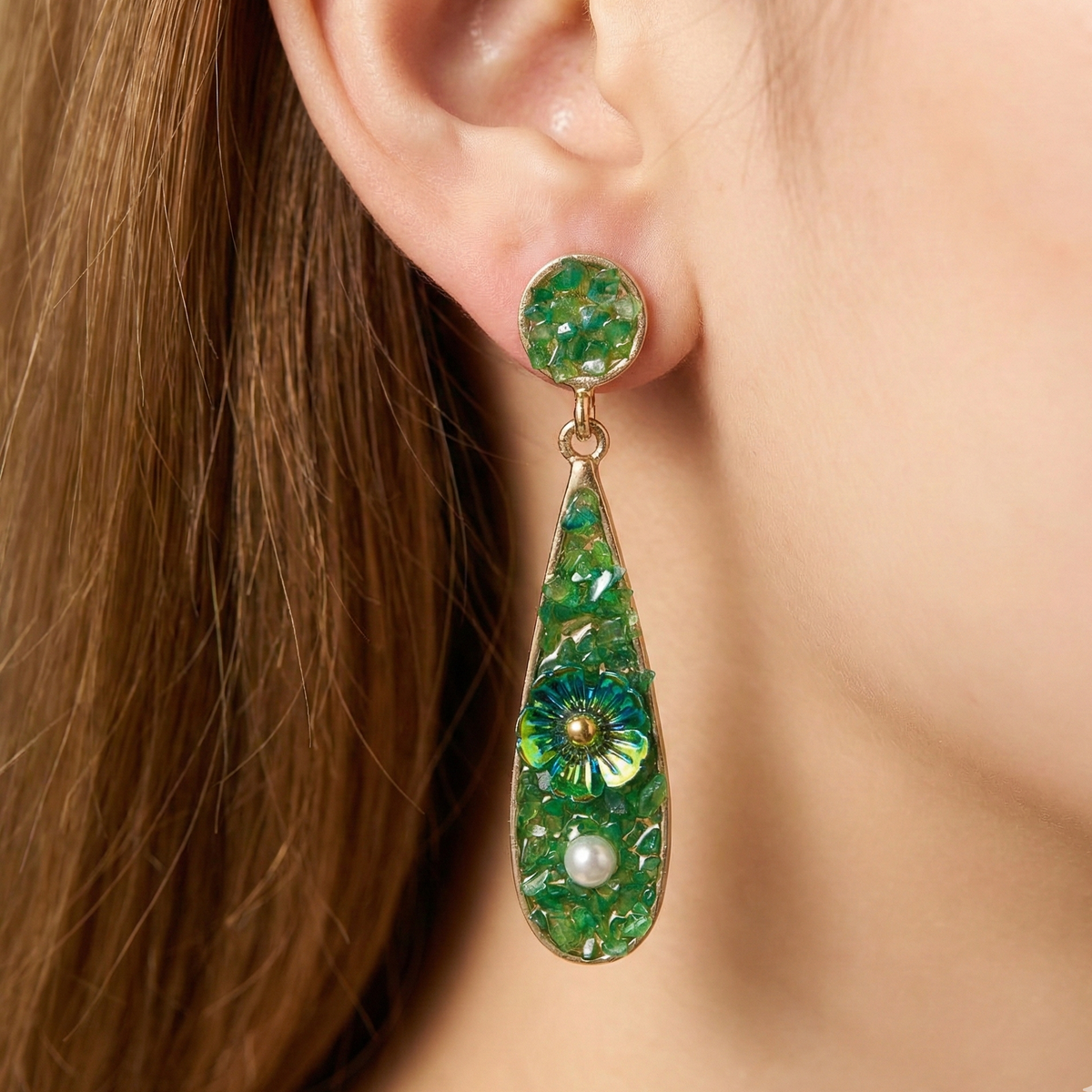 Elegant Green Floral Drop Earrings jewellery product view 5