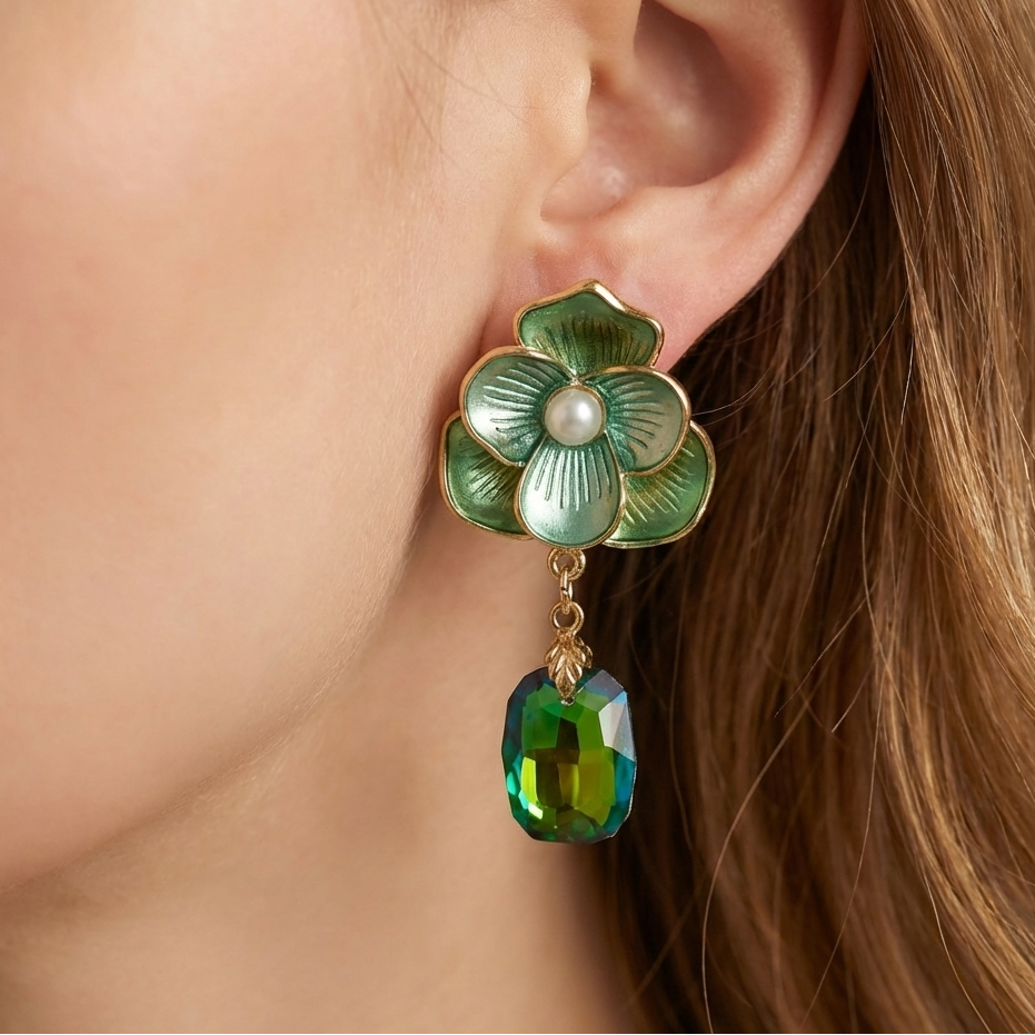 Premium Green Floral Stone Earrings jewellery product view 5