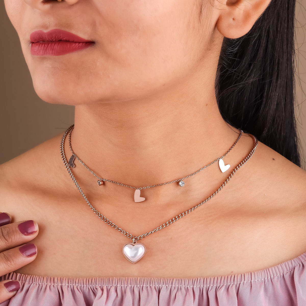 Pearl Heart 2 Layer Chain Necklace jewellery product view 1